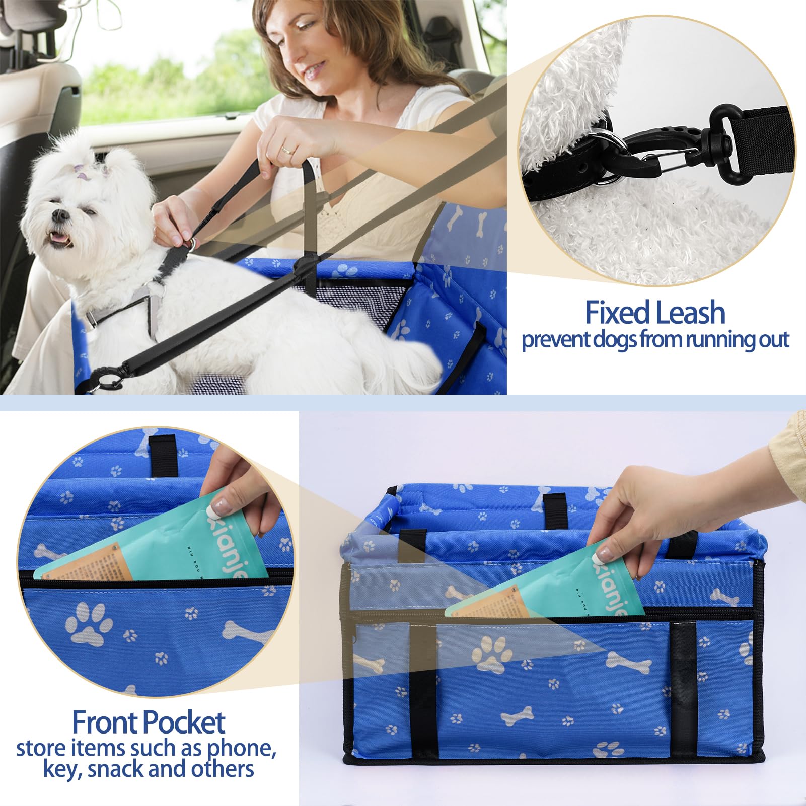 PetsHome Dog Car Booster Seat – Waterproof Oxford Foldable Travel Bag for Small to Medium Dogs, Pattern Blue