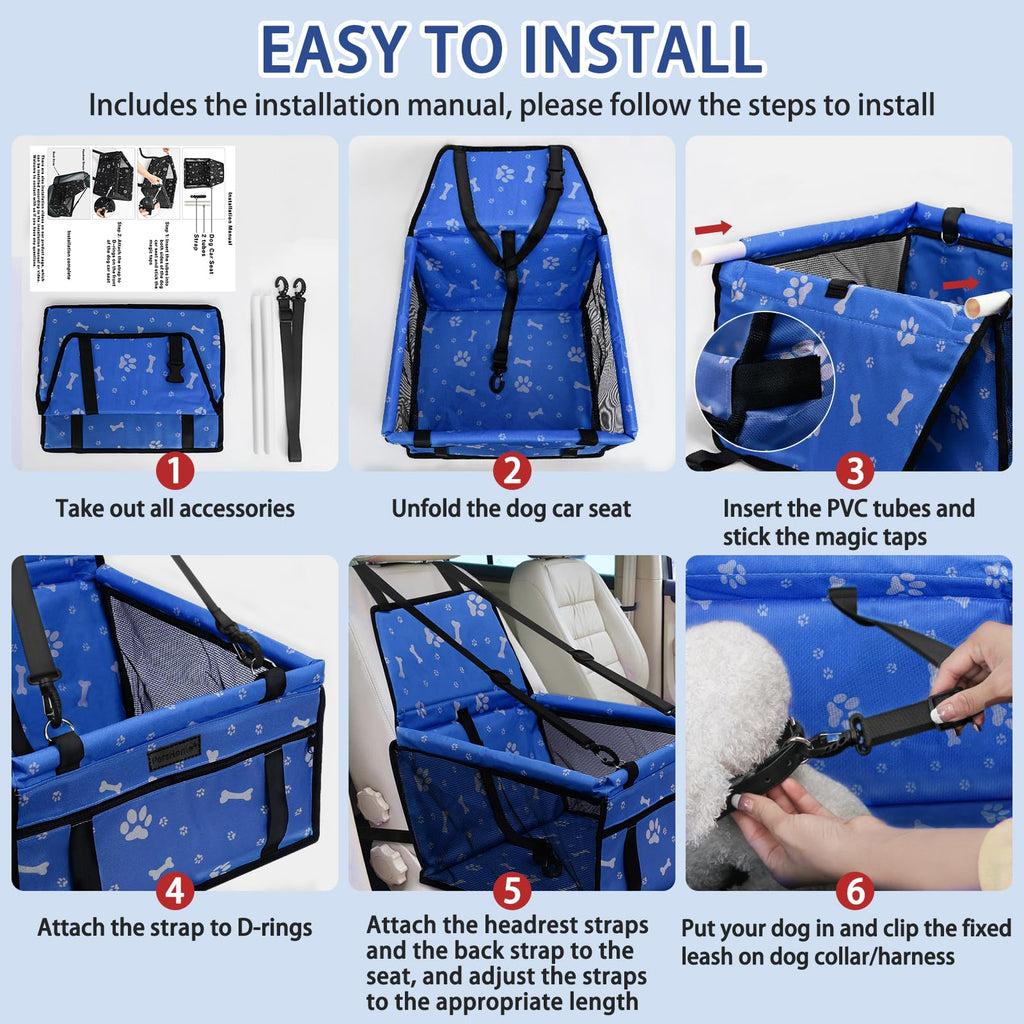 PetsHome Dog Car Booster Seat – Waterproof Oxford Foldable Travel Bag for Small to Medium Dogs, Pattern Blue