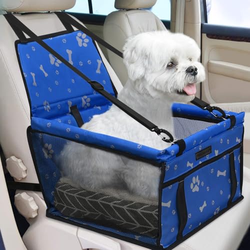 PetsHome Dog Car Booster Seat – Waterproof Oxford Foldable Travel Bag for Small to Medium Dogs, Pattern Blue