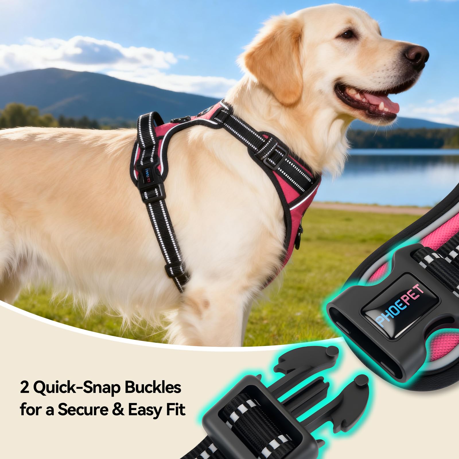 PHOEPET No Pull Dog Harness for Small Puppies – Reflective Front Clip Vest with 2 Leash Rings and Handle (XS, Pink)