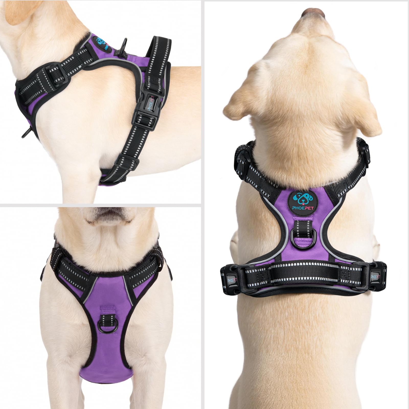 PHOEPET No Pull Dog Harness Medium Purple - Reflective Front Clip Vest with Handle and Dual Leash Rings