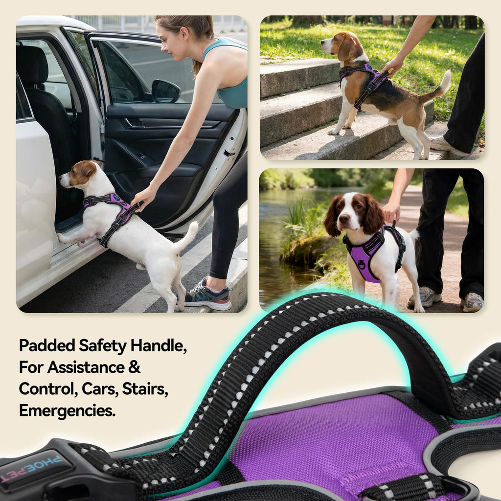 PHOEPET No Pull Dog Harness Medium Purple - Reflective Front Clip Vest with Handle and Dual Leash Rings