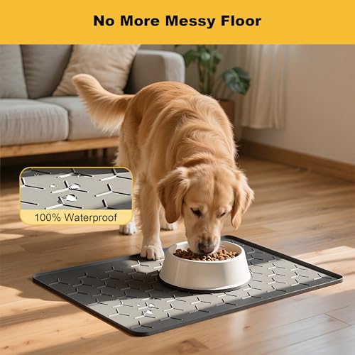 Pieviev 24x16 Silicone Pet Feeding Mat – Waterproof, Non-Slip, Raised Edge – Dark Gray