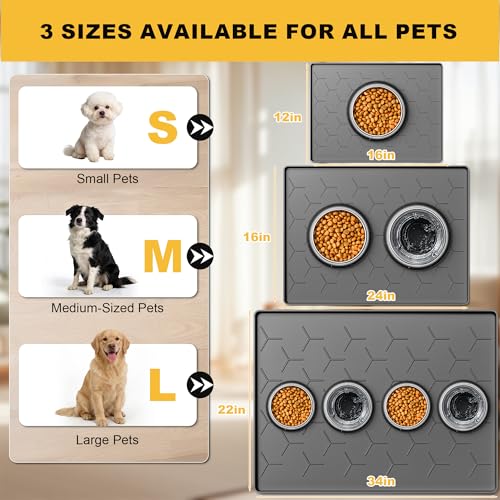 Pieviev 24x16 Silicone Pet Feeding Mat – Waterproof, Non-Slip, Raised Edge – Dark Gray