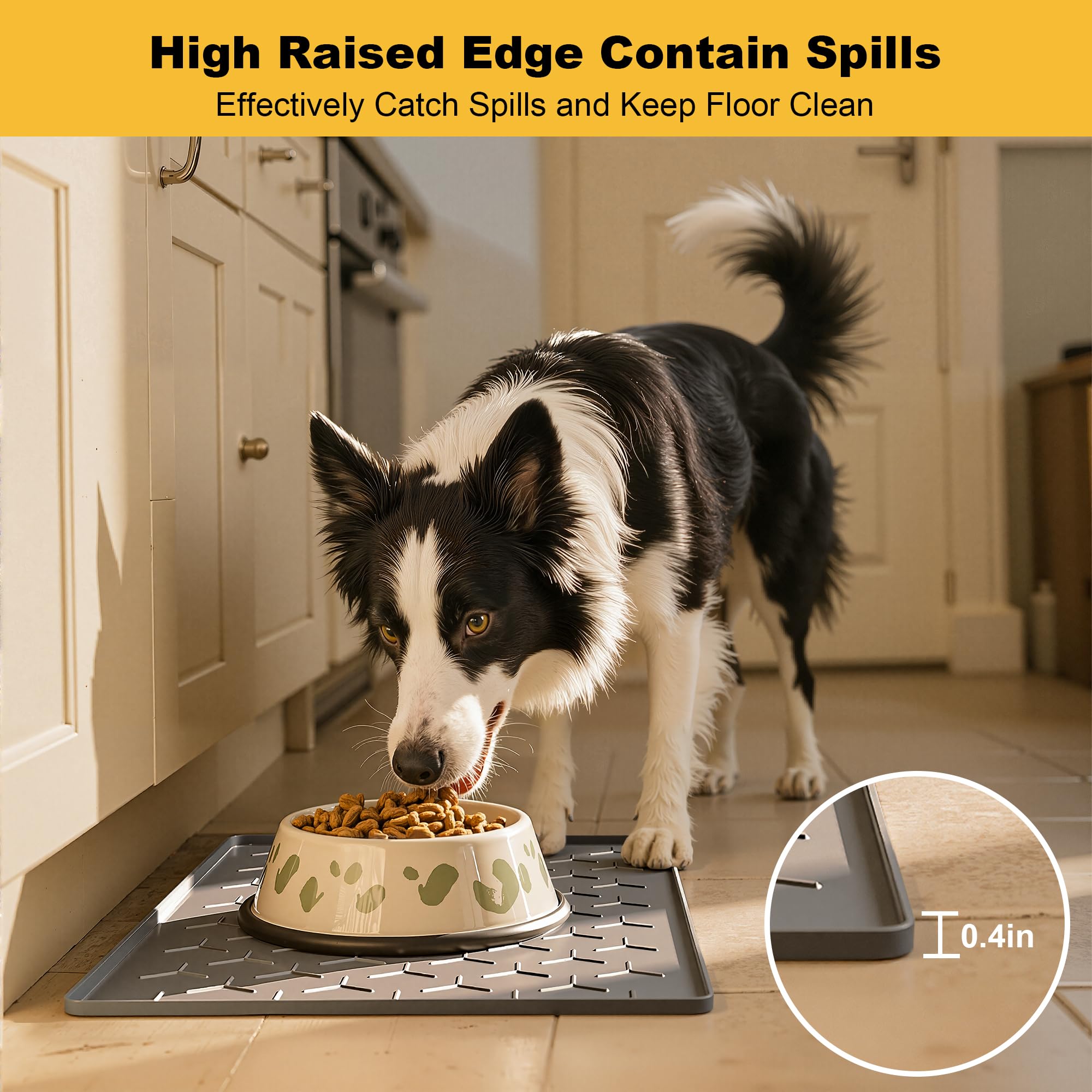 Pieviev 24x16 Silicone Pet Feeding Mat – Waterproof, Non-Slip, Raised Edge – Dark Gray