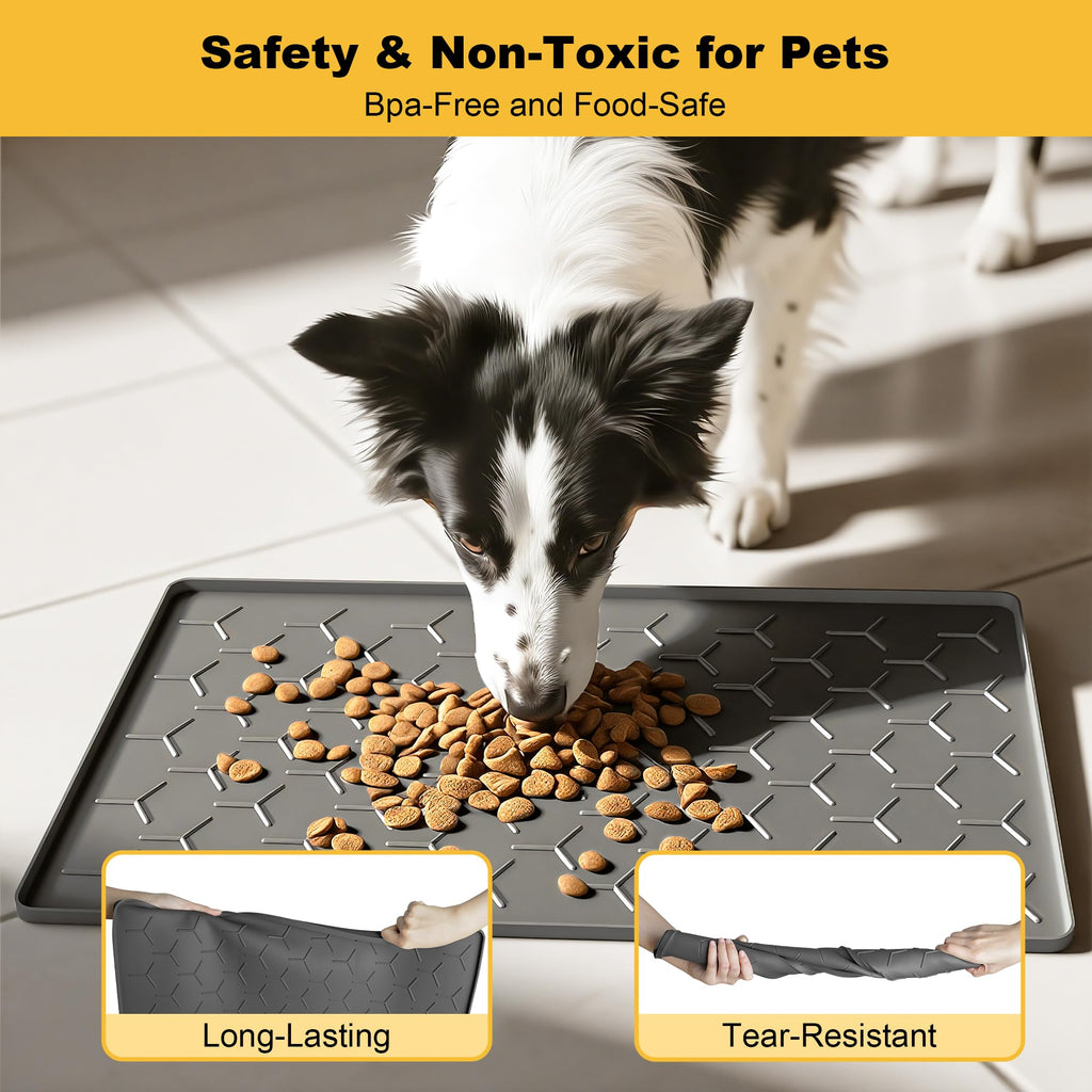 Pieviev 24x16 Silicone Pet Feeding Mat – Waterproof, Non-Slip, Raised Edge – Dark Gray