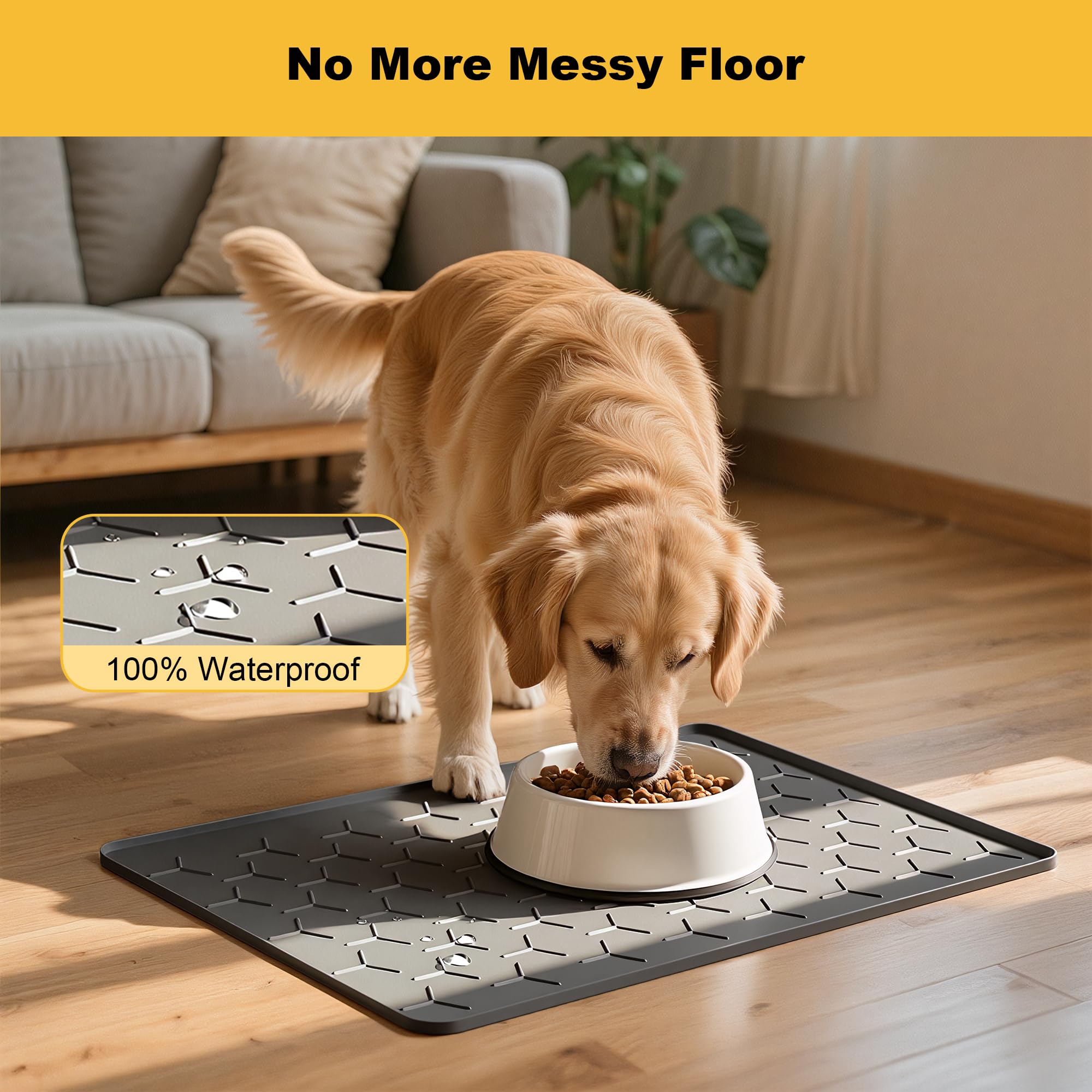 Pieviev 24x16 Silicone Pet Feeding Mat – Waterproof, Non-Slip, Raised Edge – Dark Gray