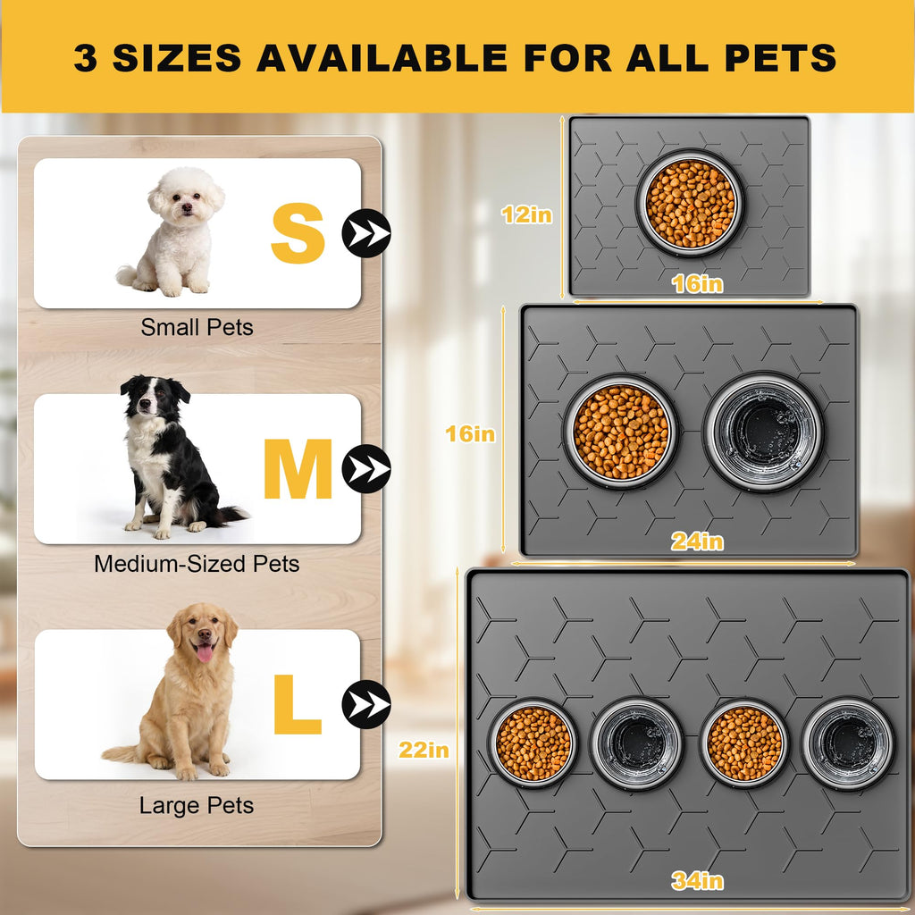 Pieviev 24x16 Silicone Pet Feeding Mat – Waterproof, Non-Slip, Raised Edge – Dark Gray