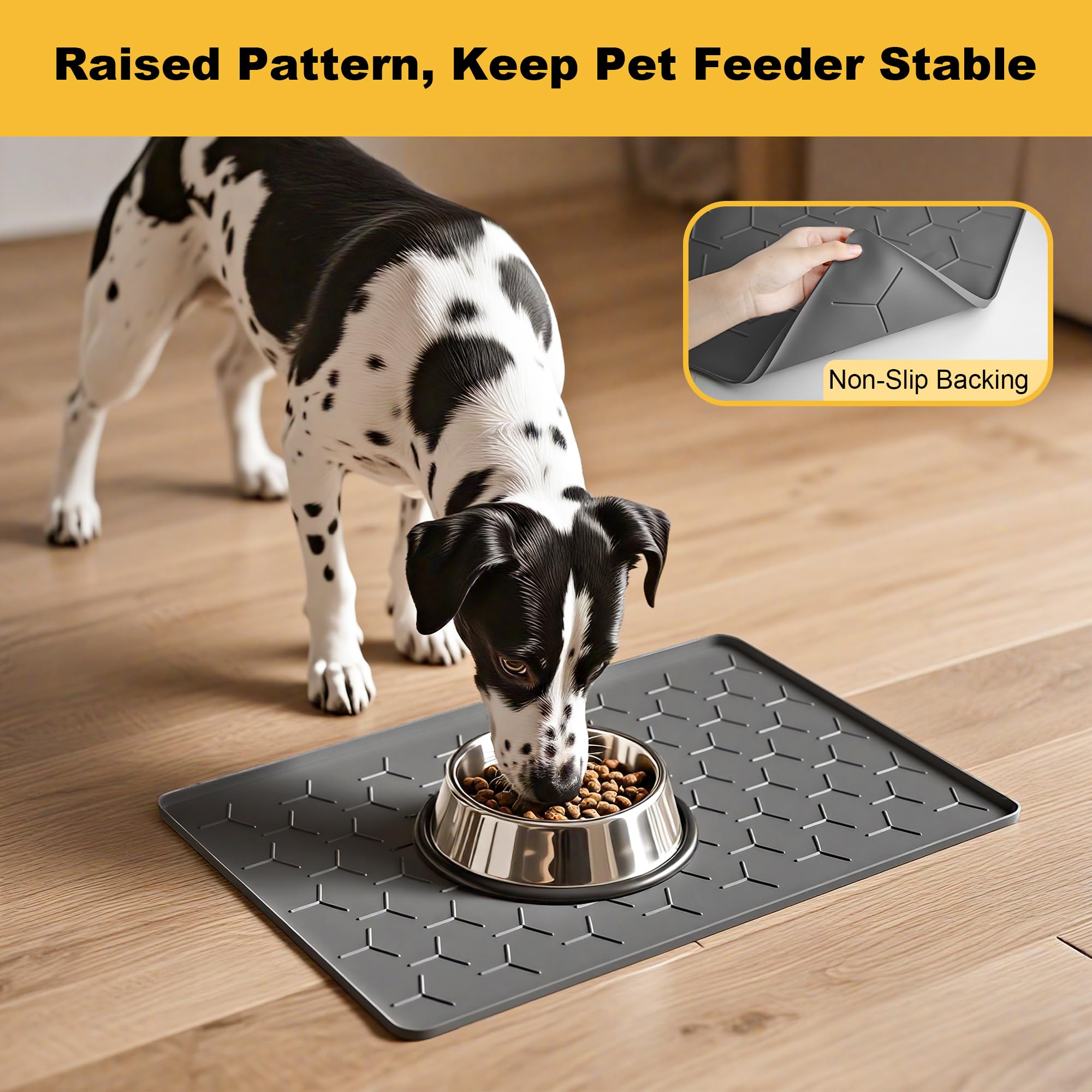 Pieviev 24x16 Silicone Pet Feeding Mat – Waterproof, Non-Slip, Raised Edge – Dark Gray