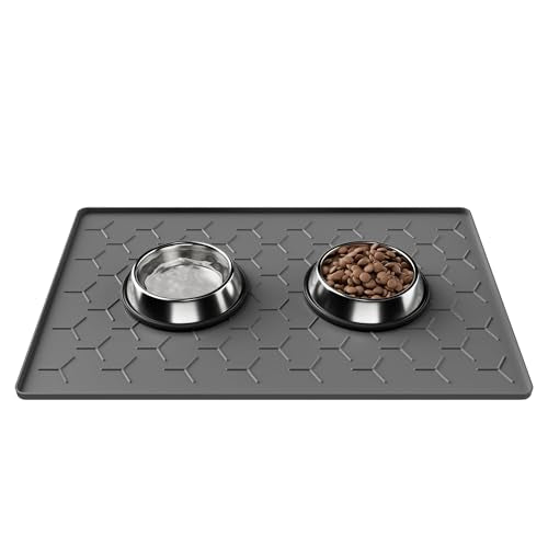 Pieviev 24x16 Silicone Pet Feeding Mat – Waterproof, Non-Slip, Raised Edge – Dark Gray