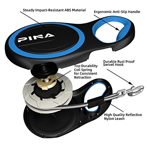 PINA 26ft Retractable Dog Leash for Large Dogs, Reflective Nylon Tape, Anti-Slip Handle, Black Blue
