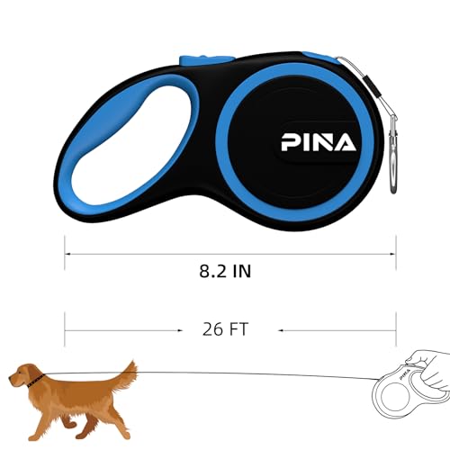 PINA 26ft Retractable Dog Leash for Large Dogs, Reflective Nylon Tape, Anti-Slip Handle, Black Blue