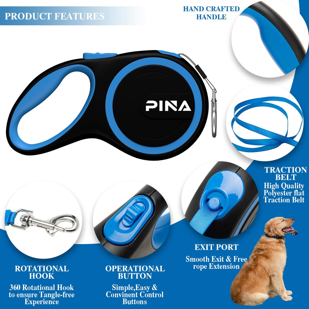 PINA 26ft Retractable Dog Leash for Large Dogs, Reflective Nylon Tape, Anti-Slip Handle, Black Blue