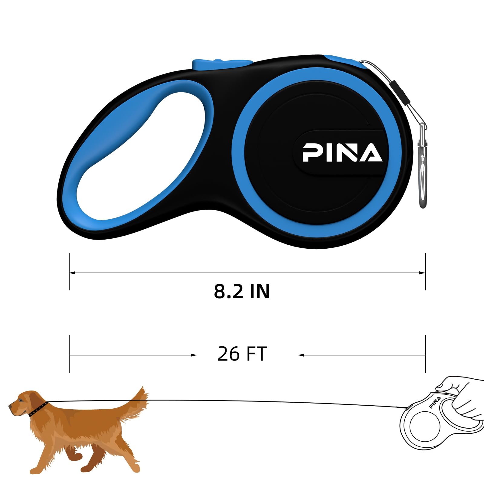 PINA 26ft Retractable Dog Leash for Large Dogs, Reflective Nylon Tape, Anti-Slip Handle, Black Blue