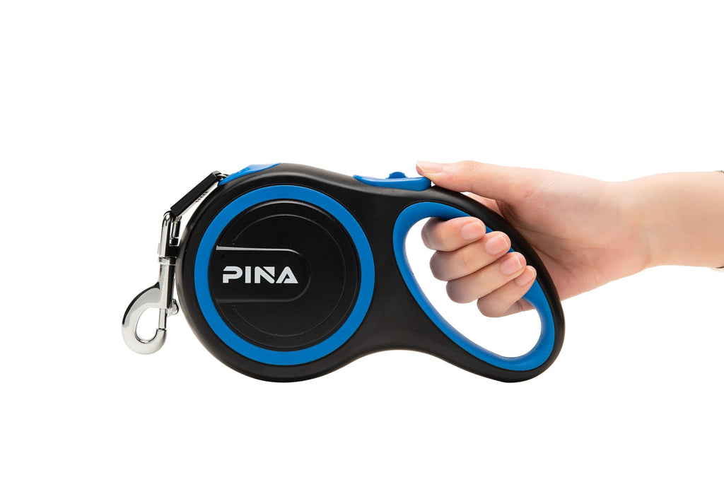 PINA 26ft Retractable Dog Leash for Large Dogs, Reflective Nylon Tape, Anti-Slip Handle, Black Blue