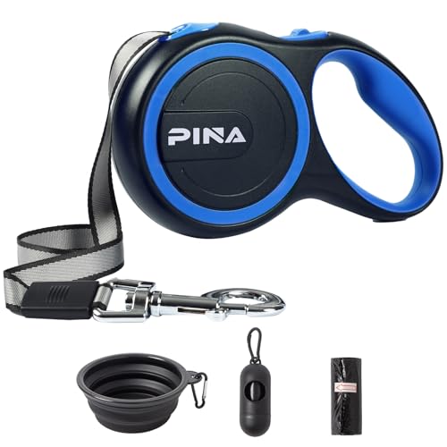 PINA 26ft Retractable Dog Leash for Large Dogs, Reflective Nylon Tape, Anti-Slip Handle, Black Blue