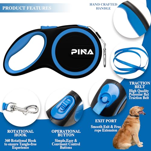 PINA 26ft Retractable Dog Leash for Large Dogs, Reflective Nylon Tape, Anti-Slip Handle, Black Blue