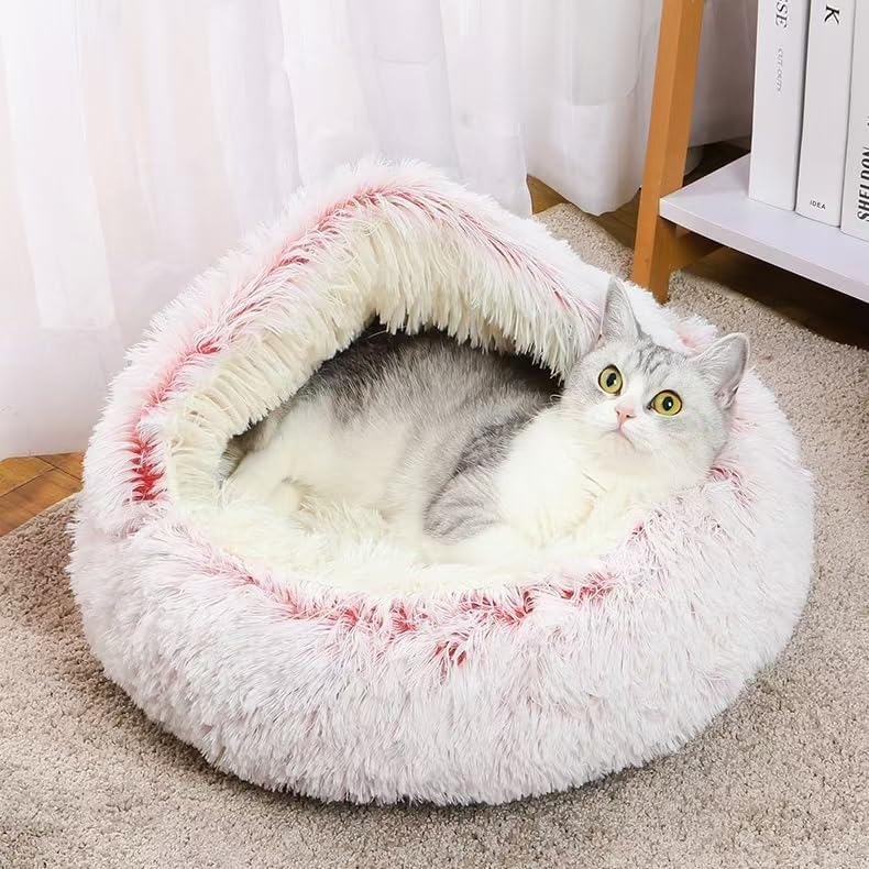 Pink Medium Hooded Cat Bed – Round Cave with Blanket, Non-Slip Bottom, Machine Washable, 20.5 x 20.5 Inches
