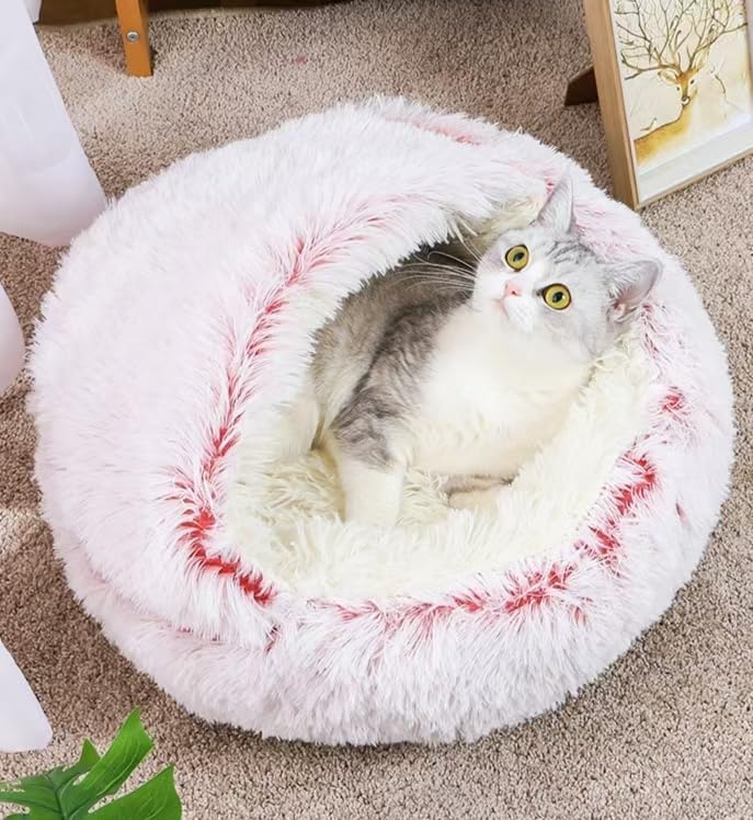 Pink Medium Hooded Cat Bed – Round Cave with Blanket, Non-Slip Bottom, Machine Washable, 20.5 x 20.5 Inches