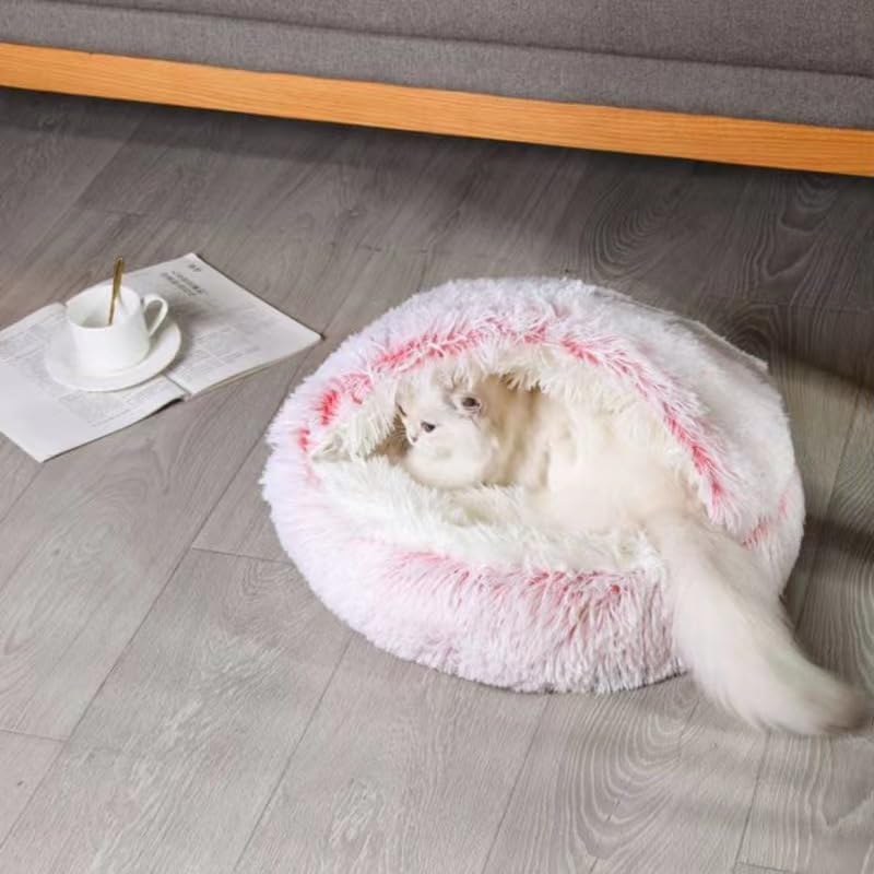 Pink Medium Hooded Cat Bed – Round Cave with Blanket, Non-Slip Bottom, Machine Washable, 20.5 x 20.5 Inches