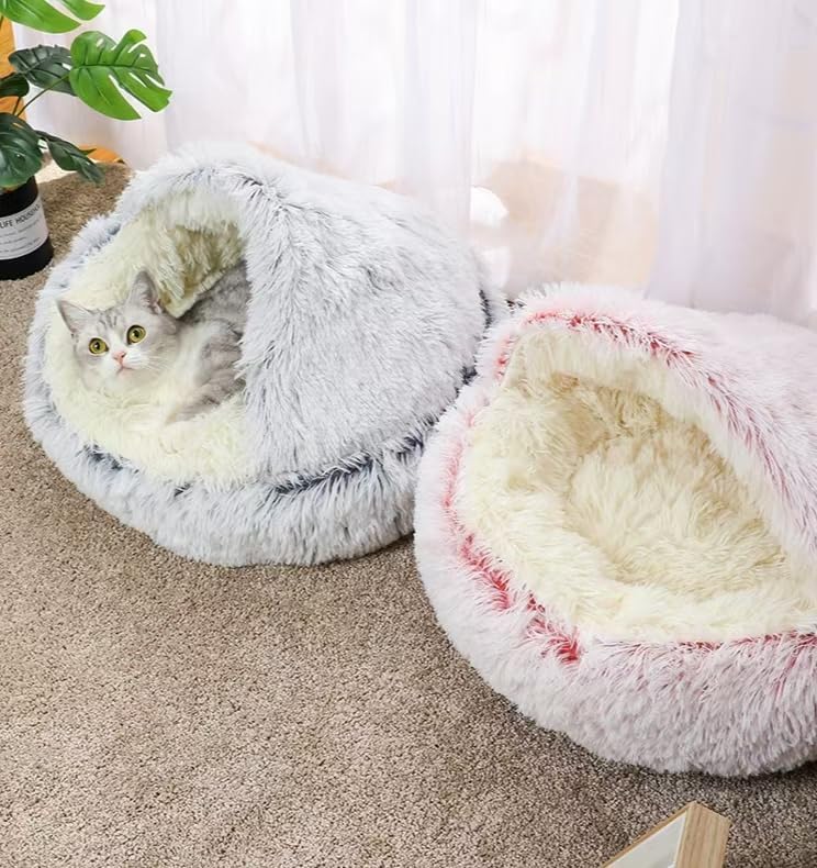 Pink Medium Hooded Cat Bed – Round Cave with Blanket, Non-Slip Bottom, Machine Washable, 20.5 x 20.5 Inches