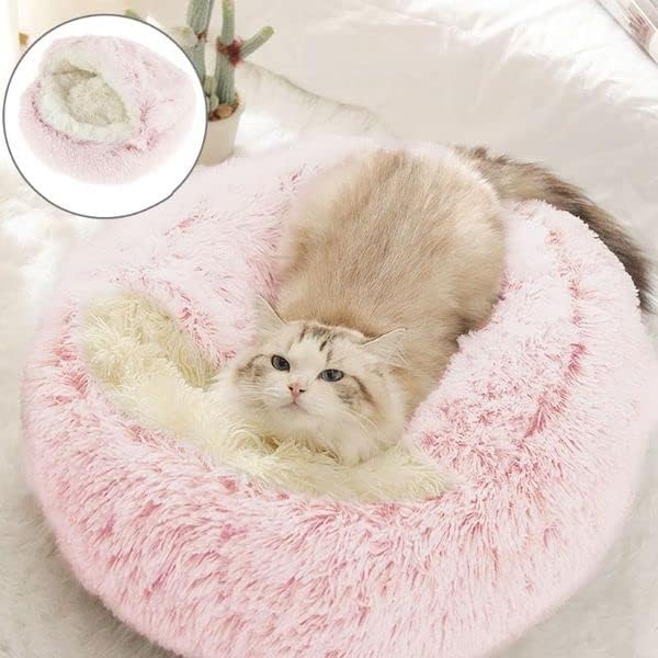 Pink Medium Hooded Cat Bed – Round Cave with Blanket, Non-Slip Bottom, Machine Washable, 20.5 x 20.5 Inches