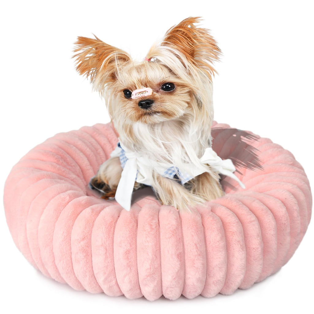 Pink Small Dog Bed 16x16 Inches - Round Donut Cuddler for Tiny Dogs and Cats, Washable Corduroy Fleece with Non-Slip Bottom