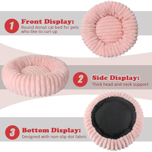 Pink Small Dog Bed 16x16 Inches - Round Donut Cuddler for Tiny Dogs and Cats, Washable Corduroy Fleece with Non-Slip Bottom