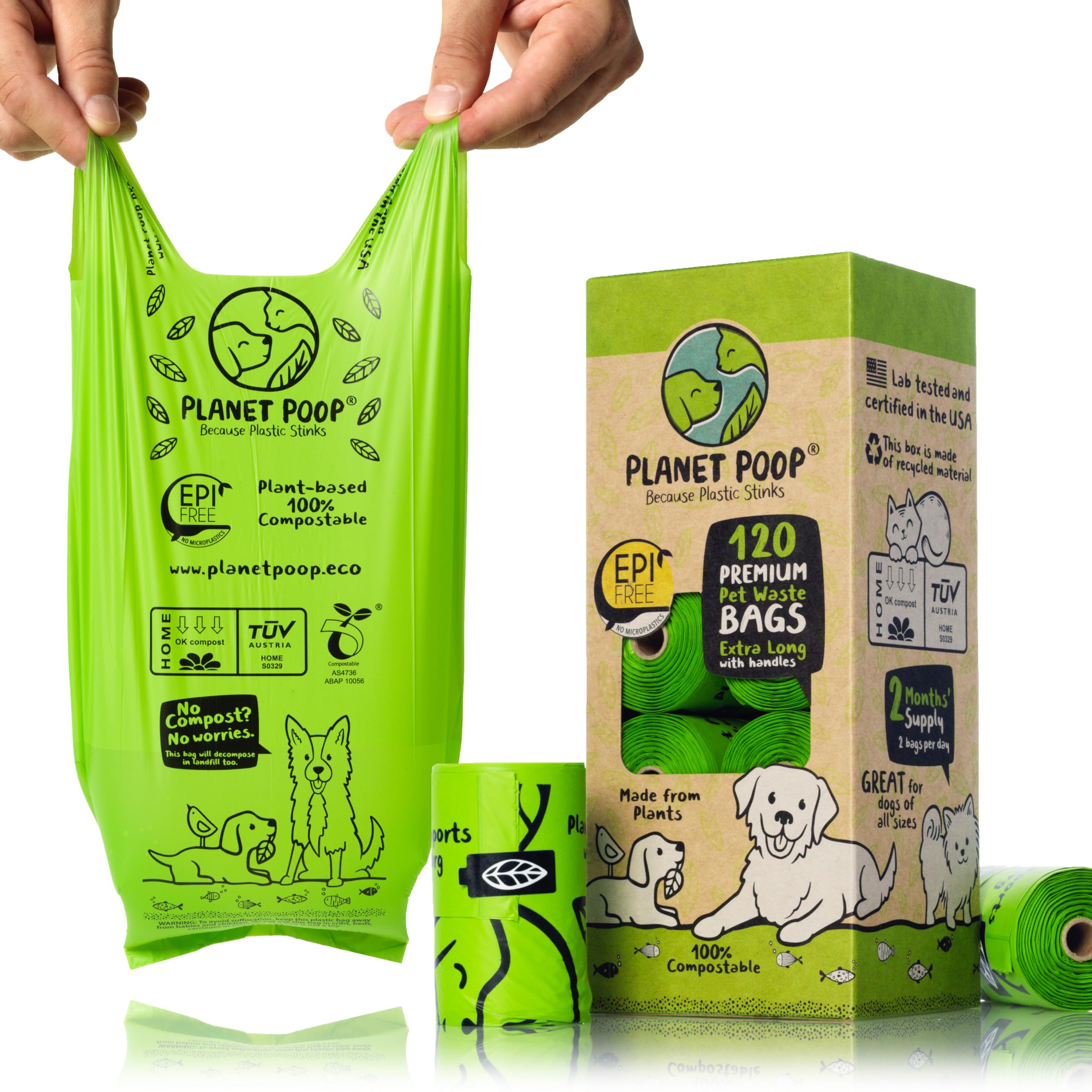 Planet Poop Home Compostable Dog Poop Bags - Extra-Long with Handles, 120 Count, Unscented, Plant-Based, Leakproof