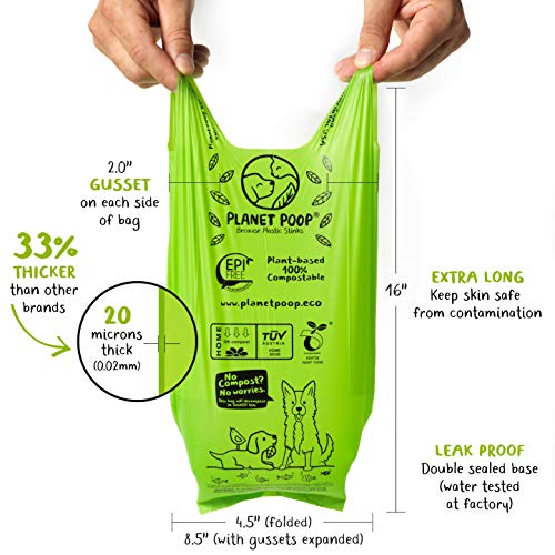 Planet Poop Home Compostable Dog Poop Bags - Extra-Long with Handles, 120 Count, Unscented, Plant-Based, Leakproof