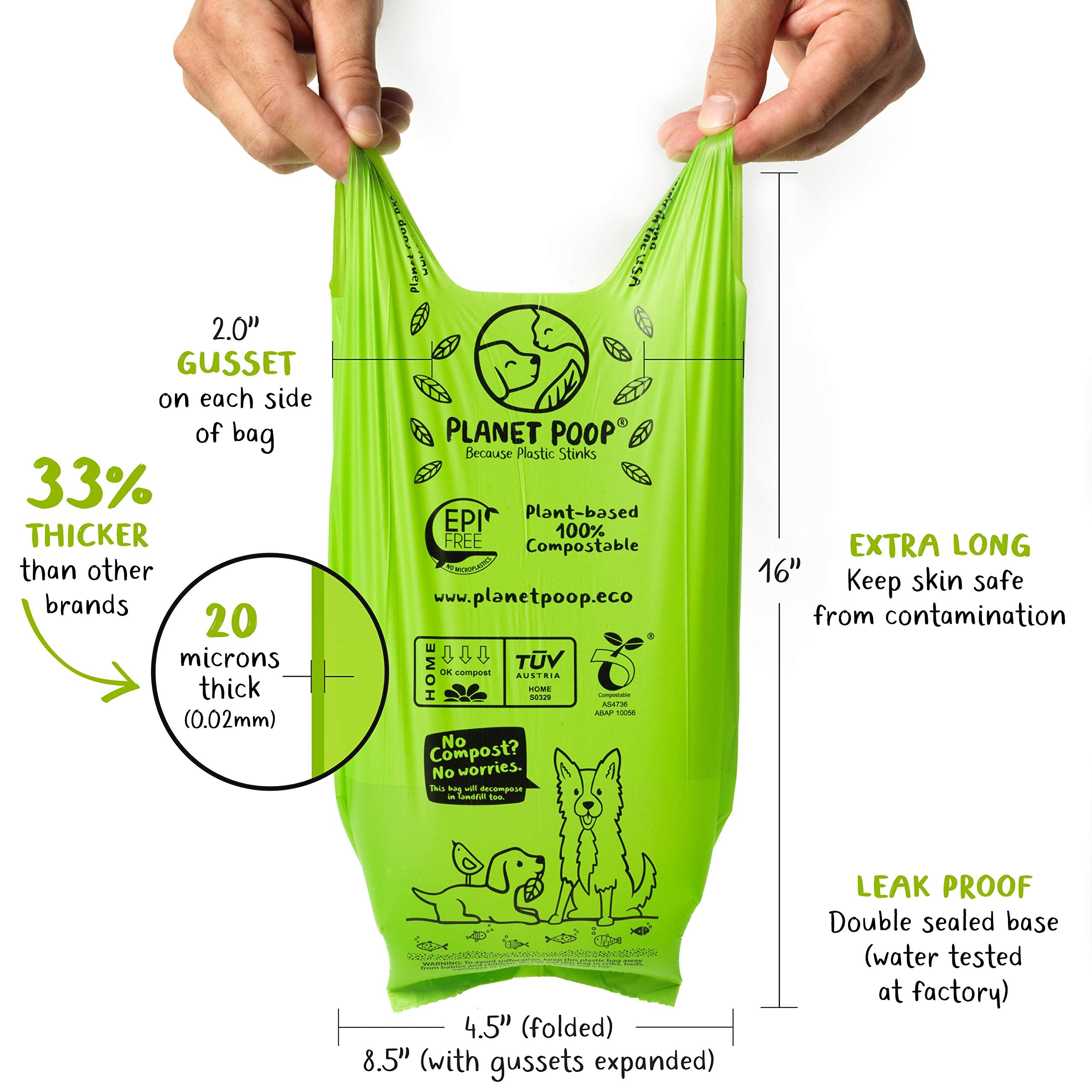 Planet Poop Home Compostable Dog Poop Bags - Extra-Long with Handles, 120 Count, Unscented, Plant-Based, Leakproof