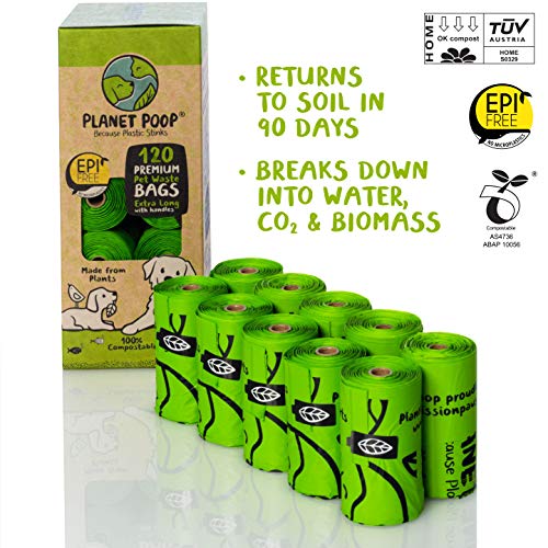 Planet Poop Home Compostable Dog Poop Bags - Extra-Long with Handles, 120 Count, Unscented, Plant-Based, Leakproof