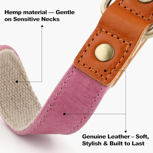 Plutus Pet Genuine Leather & Hemp Dog Collar - Pink, Size L - Adjustable Quick Release Metal Buckle