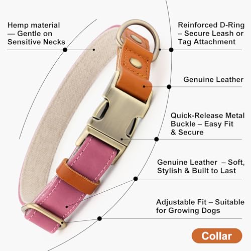 Plutus Pet Genuine Leather & Hemp Dog Collar - Pink, Size L - Adjustable Quick Release Metal Buckle