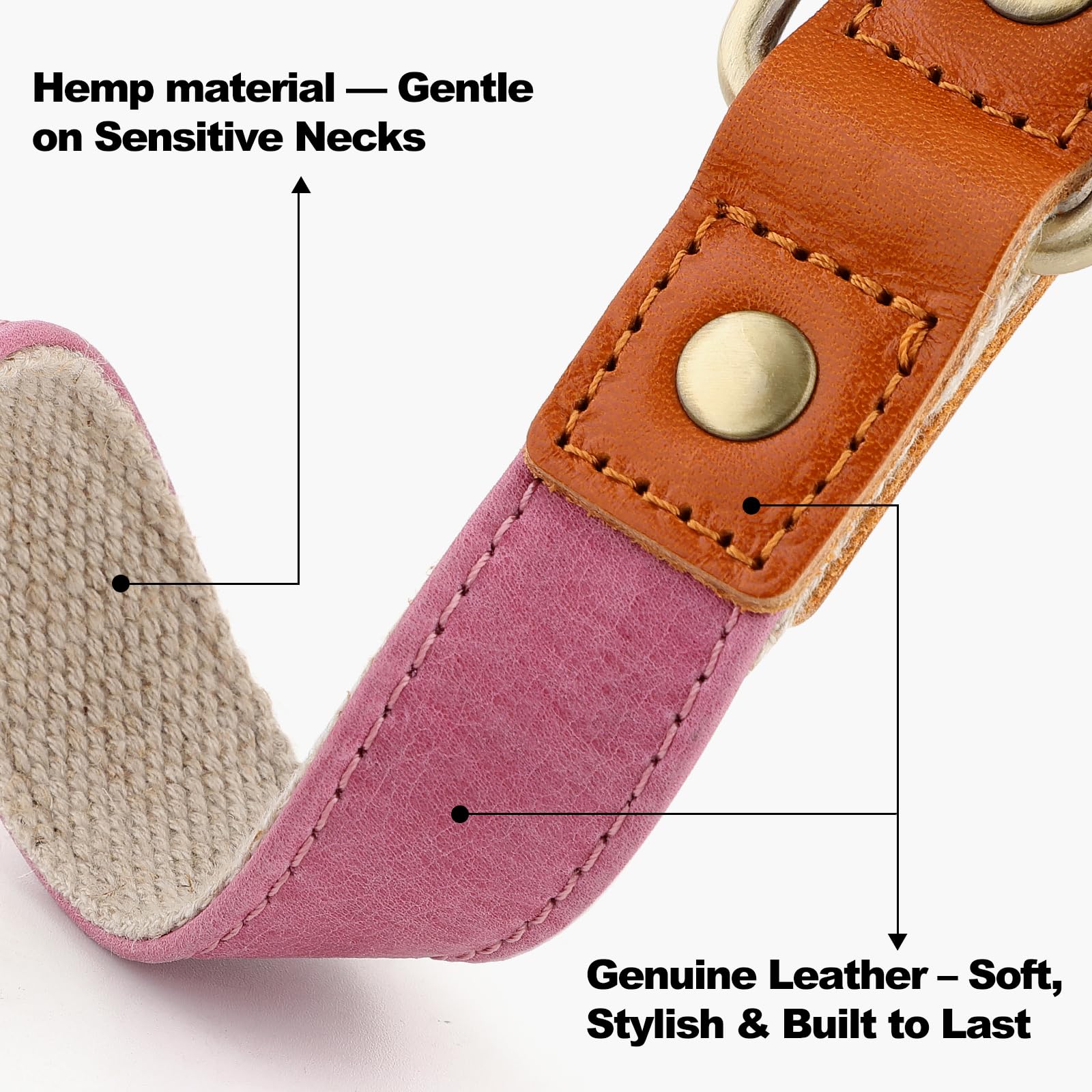 Plutus Pet Genuine Leather & Hemp Dog Collar - Pink, Size L - Adjustable Quick Release Metal Buckle
