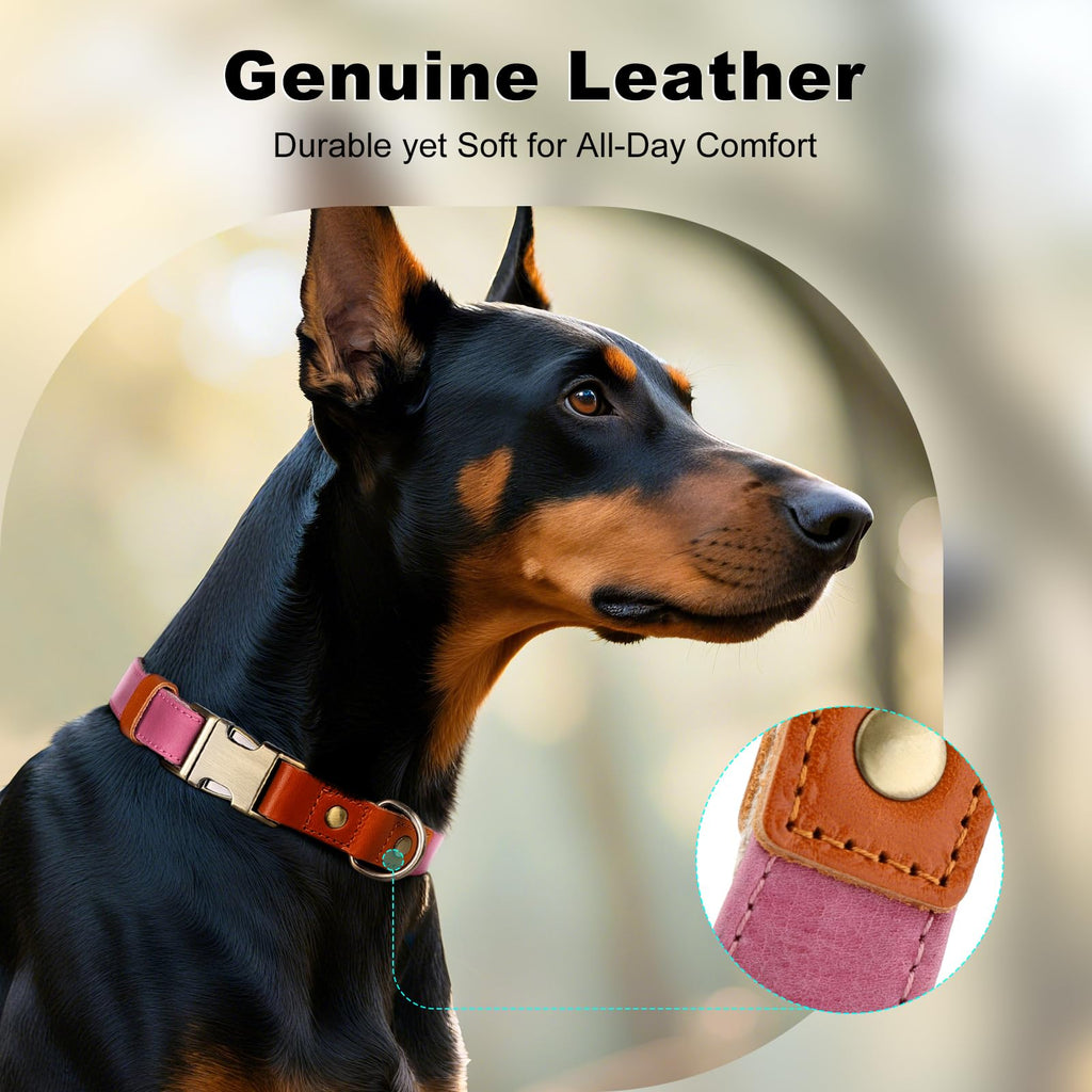 Plutus Pet Genuine Leather & Hemp Dog Collar - Pink, Size L - Adjustable Quick Release Metal Buckle