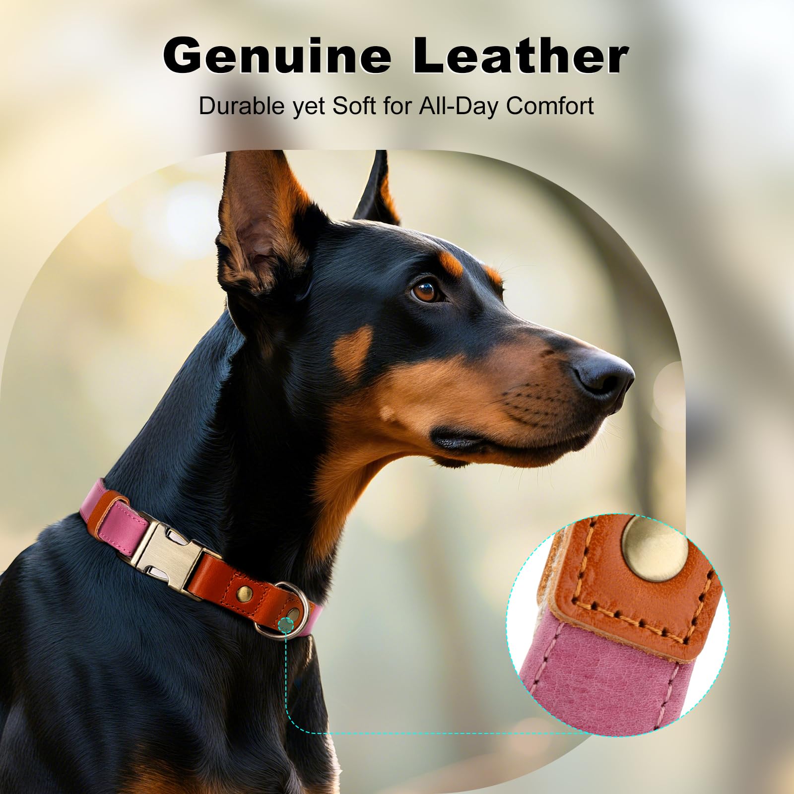 Plutus Pet Genuine Leather & Hemp Dog Collar - Pink, Size L - Adjustable Quick Release Metal Buckle