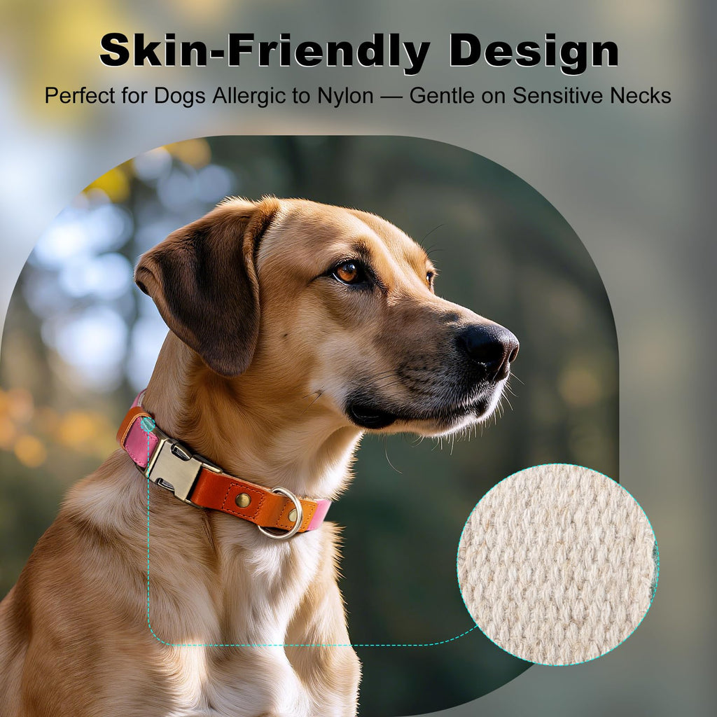 Plutus Pet Genuine Leather & Hemp Dog Collar - Pink, Size L - Adjustable Quick Release Metal Buckle