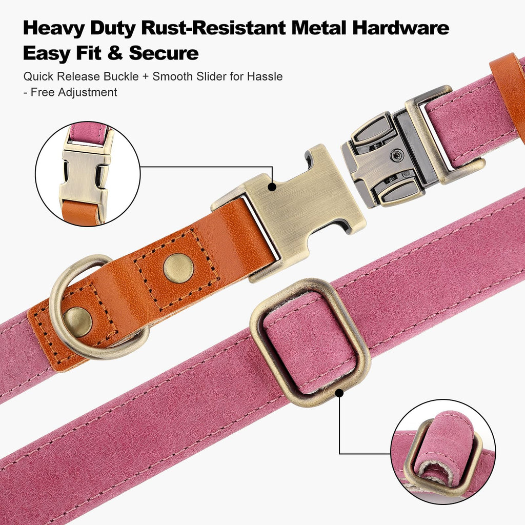 Plutus Pet Genuine Leather & Hemp Dog Collar - Pink, Size L - Adjustable Quick Release Metal Buckle