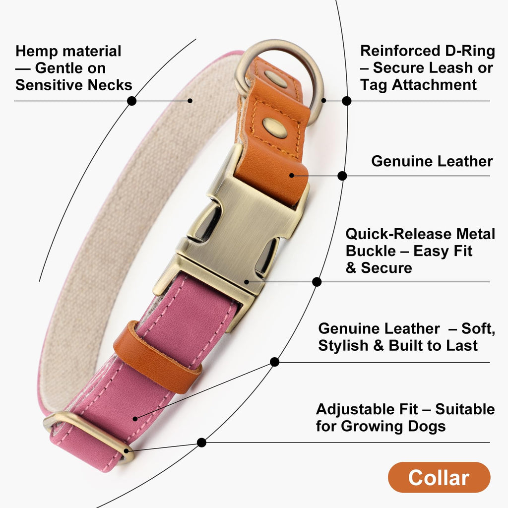 Plutus Pet Genuine Leather & Hemp Dog Collar - Pink, Size L - Adjustable Quick Release Metal Buckle