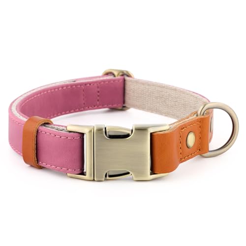 Plutus Pet Genuine Leather & Hemp Dog Collar - Pink, Size L - Adjustable Quick Release Metal Buckle