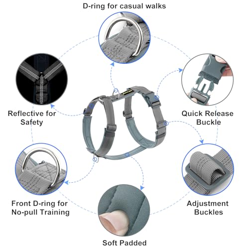 Plutus Pet Gray M No Pull Dog Harness: Adjustable Nylon Vest with Soft Padding & Reflective Safety for Small, Medium, Large Dogs