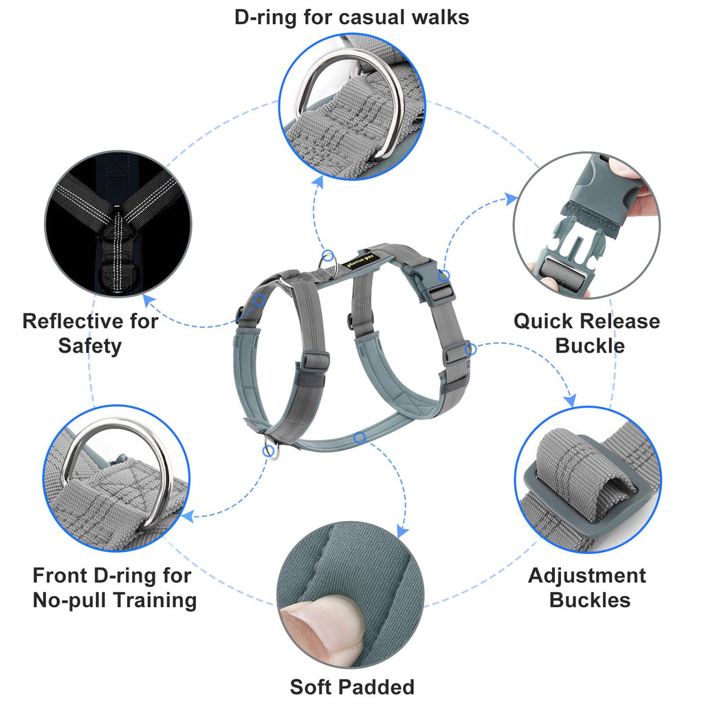 Plutus Pet Gray M No Pull Dog Harness: Adjustable Nylon Vest with Soft Padding & Reflective Safety for Small, Medium, Large Dogs