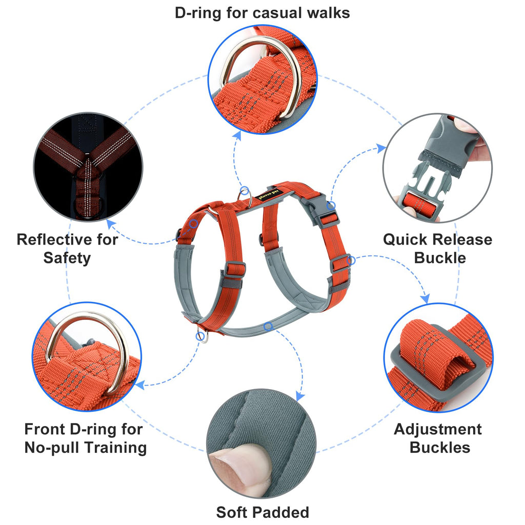 PLUTUS PET No Pull Dog Harness - Adjustable Nylon with Soft Padding, Reflective Strip, Heavy Duty for Large Dogs (Orange, L)