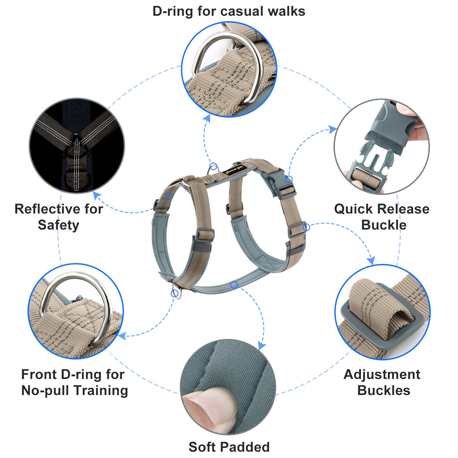Plutus Pet No Pull Dog Harness, Adjustable Nylon Neoprene Harness with Soft Padding and Reflective Strips, for Small to Large Dogs (Beige, XL)