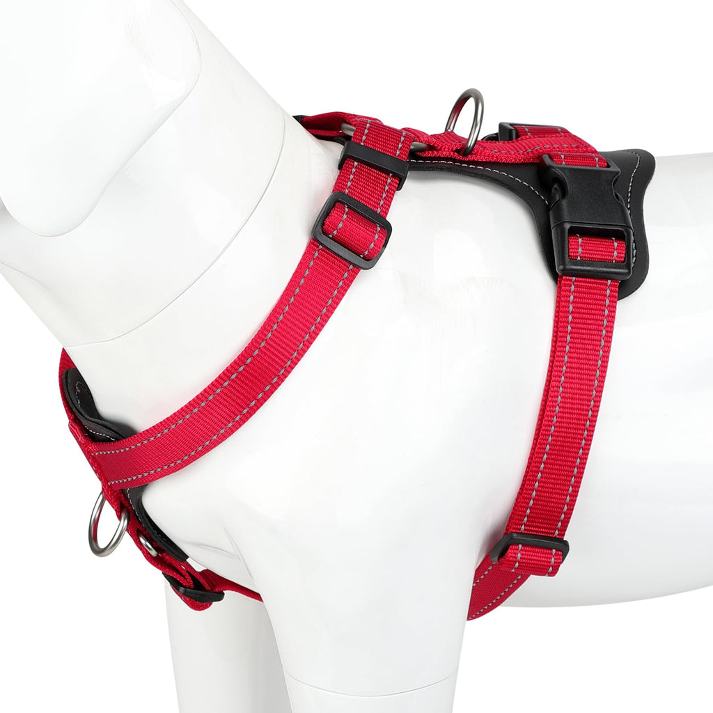 Plutus Pet No Pull Dog Harness (Red, Medium) - Reflective, Adjustable with Leather Trim