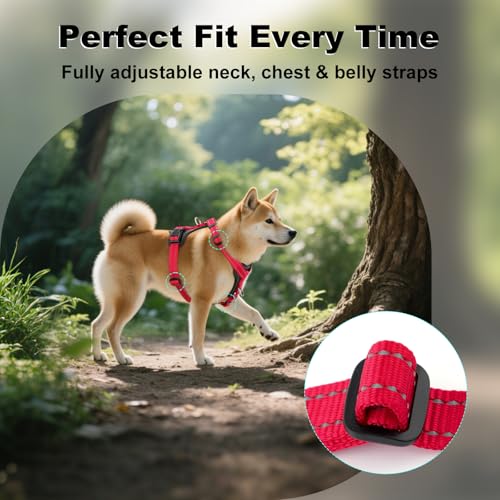 Plutus Pet No Pull Dog Harness (Red, Medium) - Reflective, Adjustable with Leather Trim