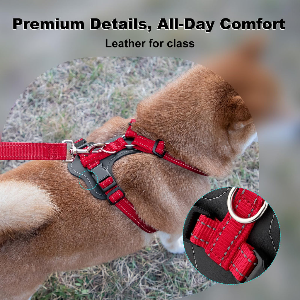 Plutus Pet No Pull Dog Harness (Red, Medium) - Reflective, Adjustable with Leather Trim