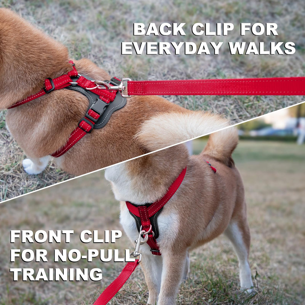 Plutus Pet No Pull Dog Harness (Red, Medium) - Reflective, Adjustable with Leather Trim