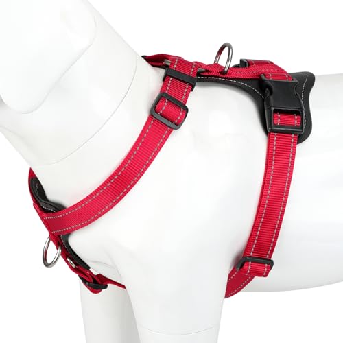 Plutus Pet No Pull Dog Harness (Red, Medium) - Reflective, Adjustable with Leather Trim